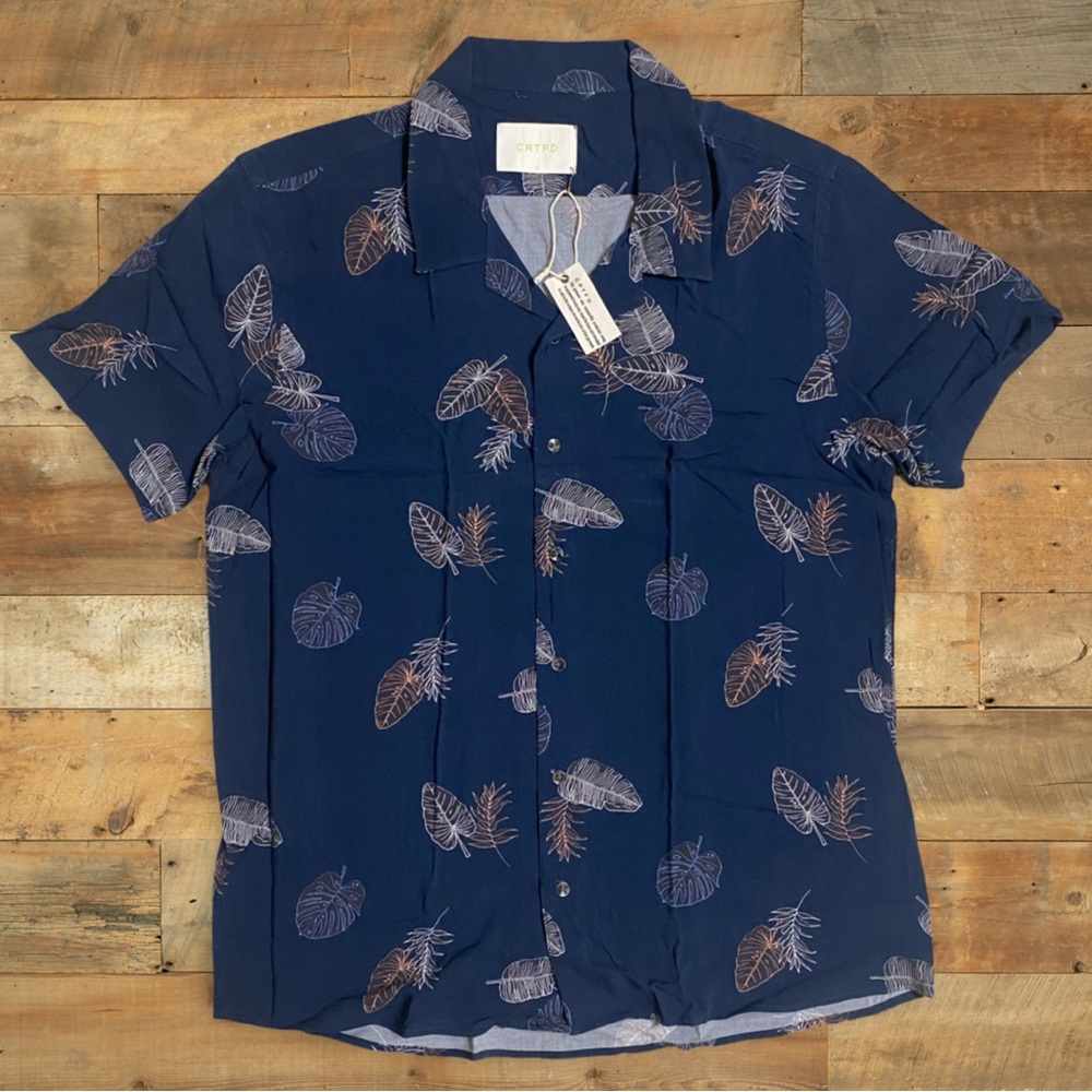 CRTFD Organics Button Up Leaf Print Navy L